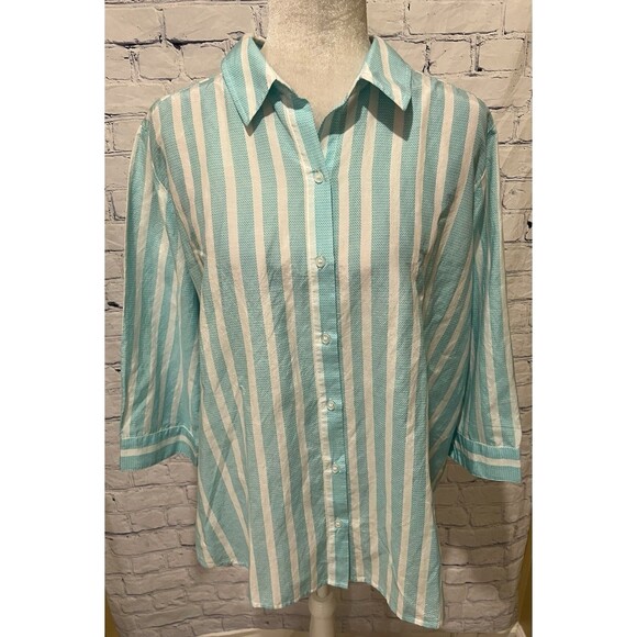 Chicos Chico's Blue & White Striped Top Cotton Silk Button Down Size 2/Large/12 - Picture 1 of 8